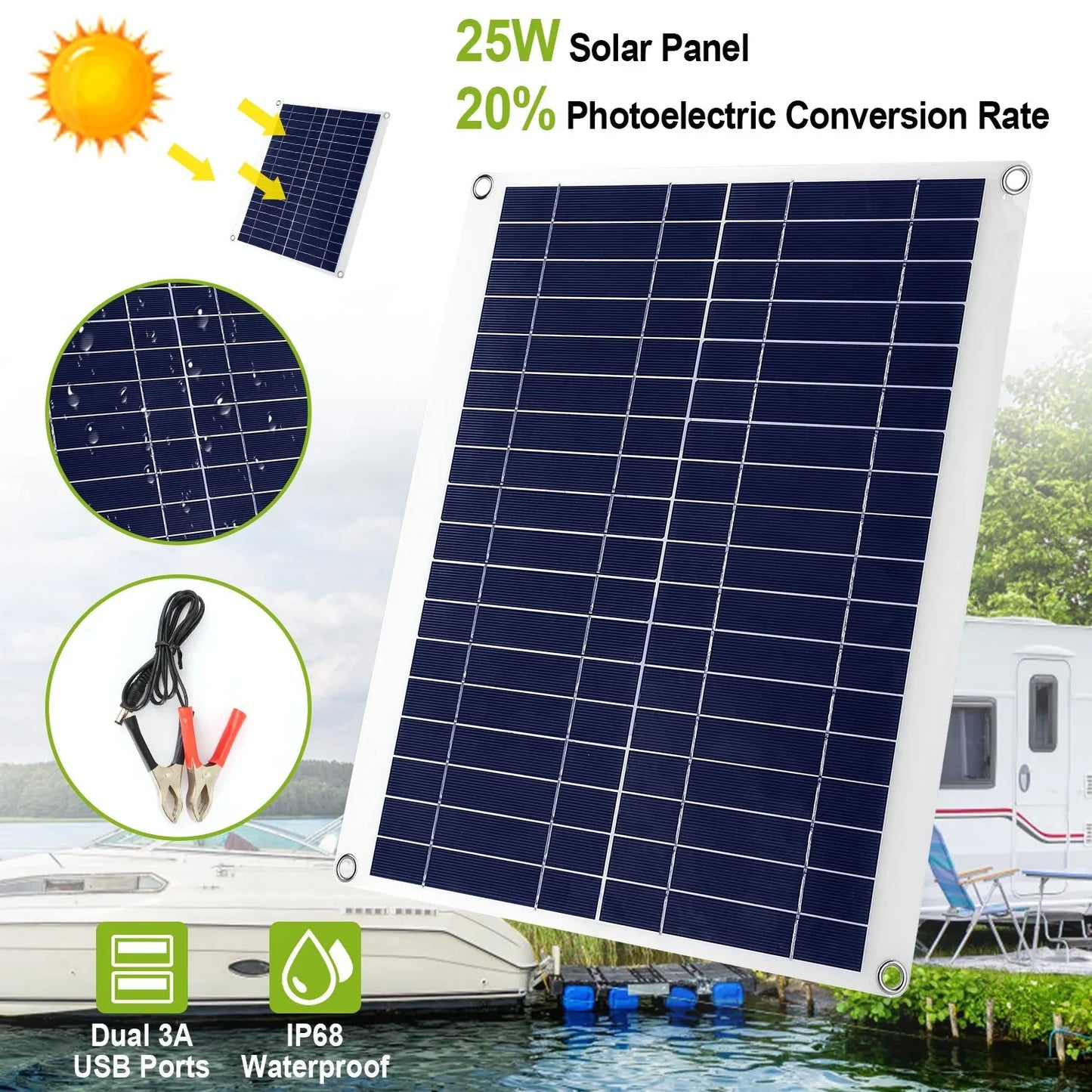 1Pc Outdoor Solar Panel 12V 25W Car Battery Charger IP68 Waterproof With 3.0A Dual USB Charging Clip Line For RV Car Boat - THE MILE MAKER DRIVER SHOP