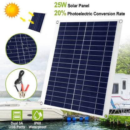 1Pc Outdoor Solar Panel 12V 25W Car Battery Charger IP68 Waterproof With 3.0A Dual USB Charging Clip Line For RV Car Boat - THE MILE MAKER DRIVER SHOP