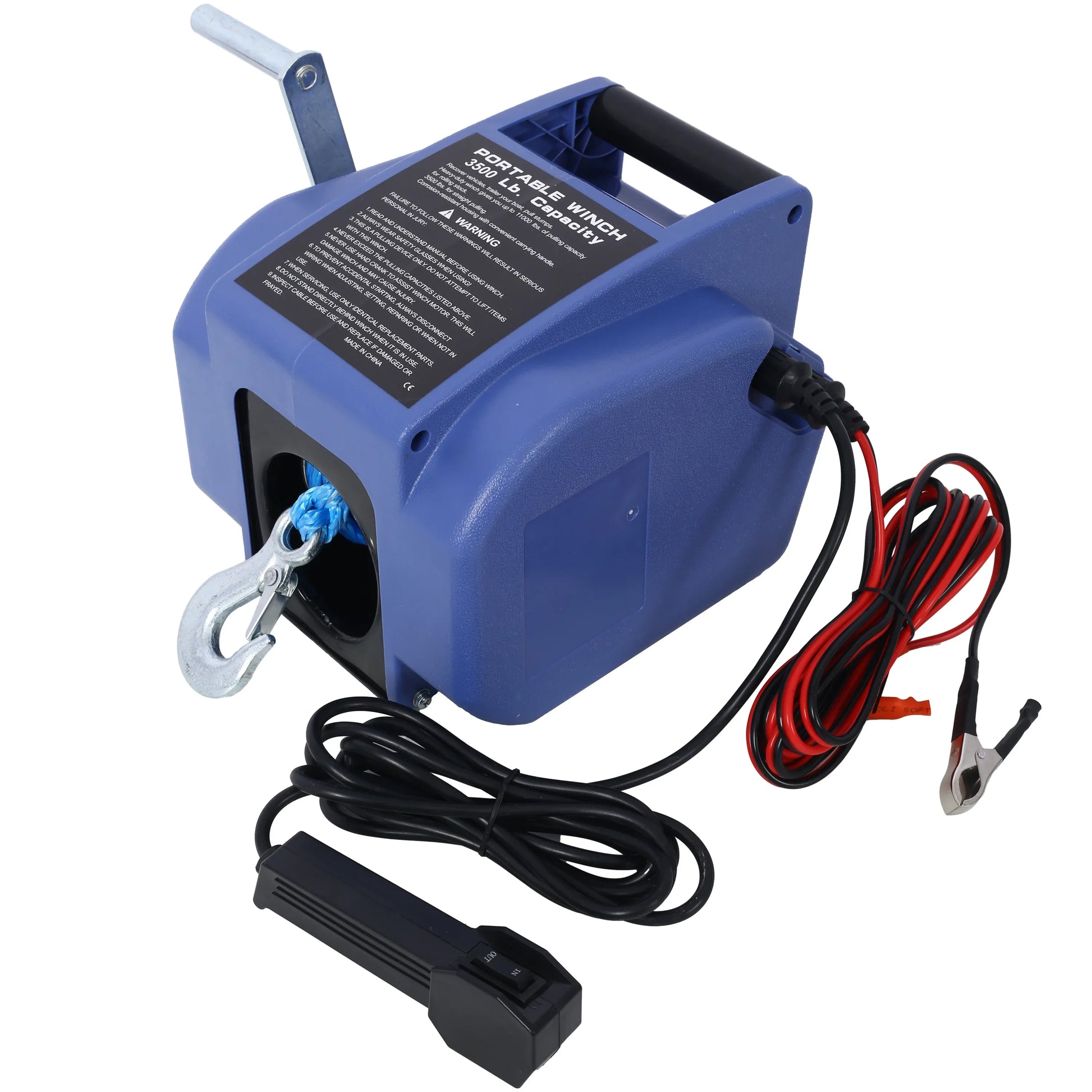 12v 3500lbs Trailer Winch,Reversible Electric Winch, For Boats Up To 5000 Lbs.,with Synthetic Rope,with Extra Pulley Hook,power In And Power Out,with Manual Function.blue Plastic Casing - THE MILE MAKER DRIVER SHOP