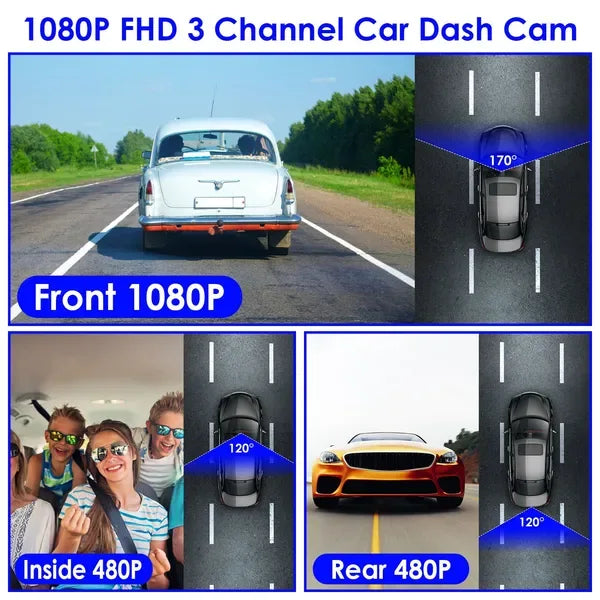 1080P FUD 3 Channel WiFi Dash Cam 170° Wide Angle Triple Car Camera With IR Night G-Sensor Motion Detection Loop Recording App Control Support 128G Max - THE MILE MAKER DRIVER SHOP
