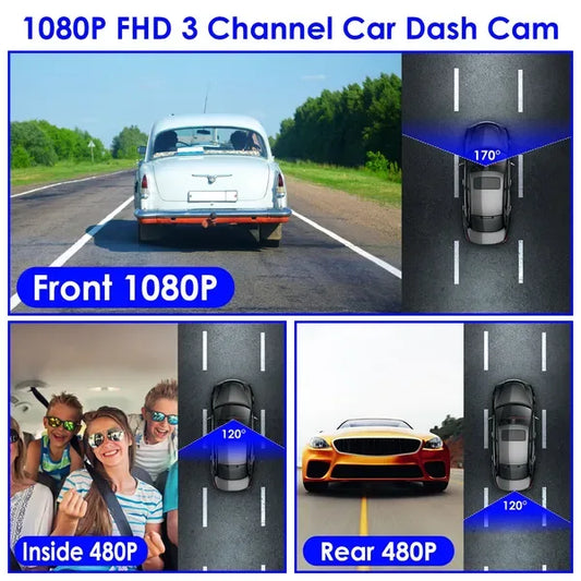 1080P FUD 3 Channel WiFi Dash Cam 170° Wide Angle Triple Car Camera With IR Night G-Sensor Motion Detection Loop Recording App Control Support 128G Max - THE MILE MAKER DRIVER SHOP