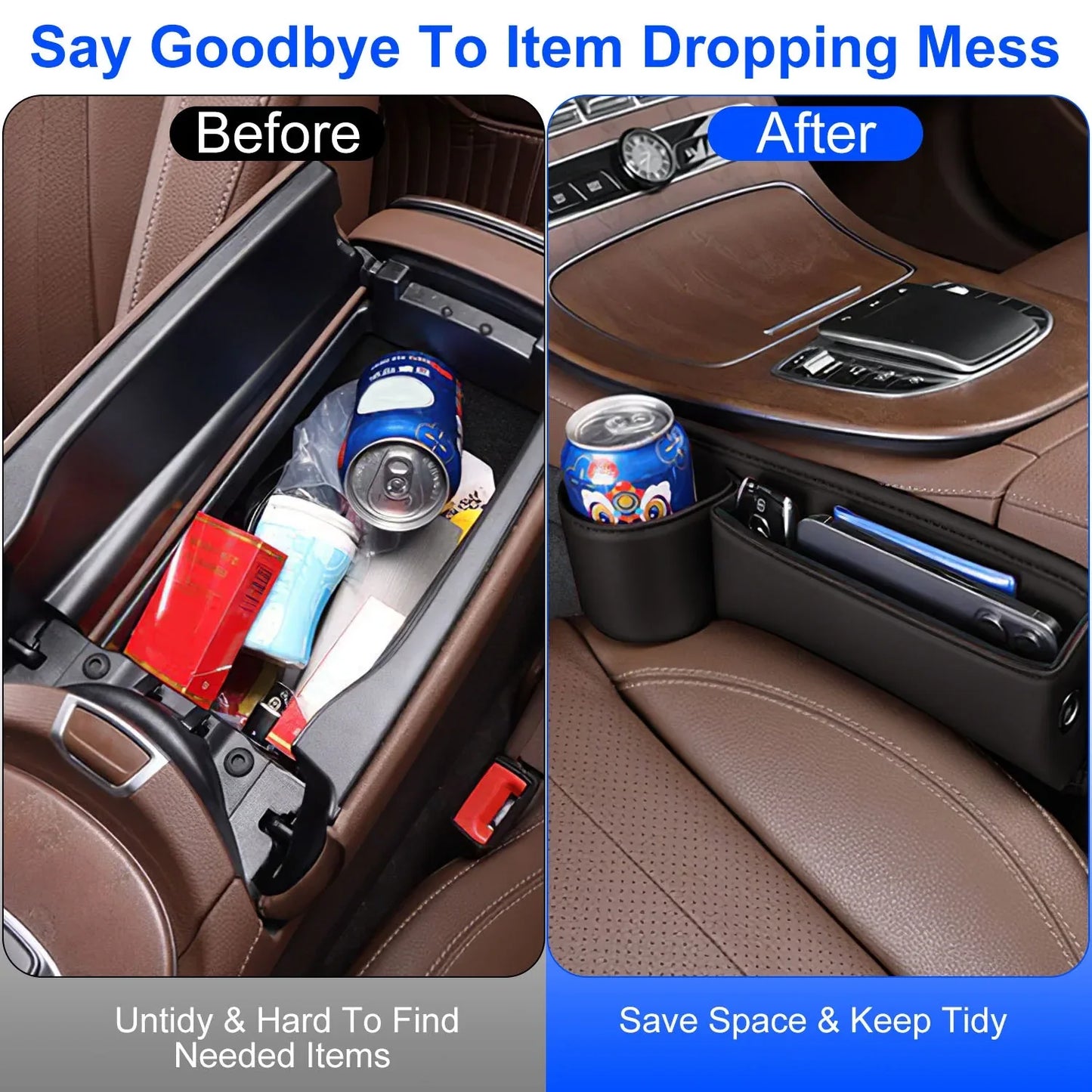 2 Pack Car Seat Gap Filler Organizer Car Leather Cup Holder Gap Bag Universal Car Seat Storage Black For Placing Keys Cards Phones Drinks Lipstick - THE MILE MAKER DRIVER SHOP