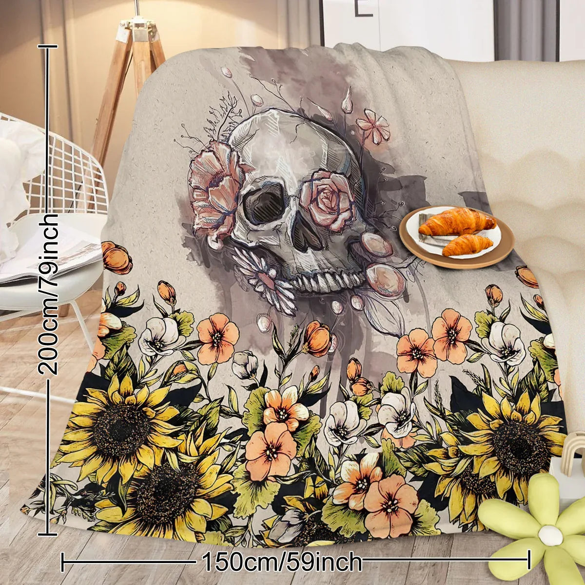 Rustic Skull Sunflower Flannel Fleece Blanket Floral Skull Flannel Soft Plush Throw Blanket Cozy Blankets For Bed Chair Car Sofa Couch Bedroom 75x100cm 130x150cm 150x200cm - THE MILE MAKER DRIVER SHOP