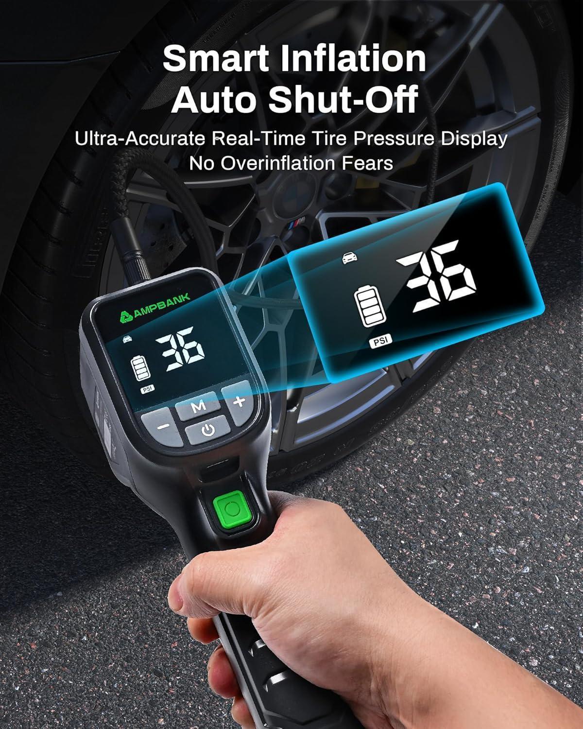 AMPBANK AT001 Portable Tire Air , Car-mounted Automatic Air Pump With Tire Pressure Gauge, 150PSI With LED Suitable For Cars, Motorcycles, SUVs, Bicycles, Balls, Etc. - THE MILE MAKER DRIVER SHOP