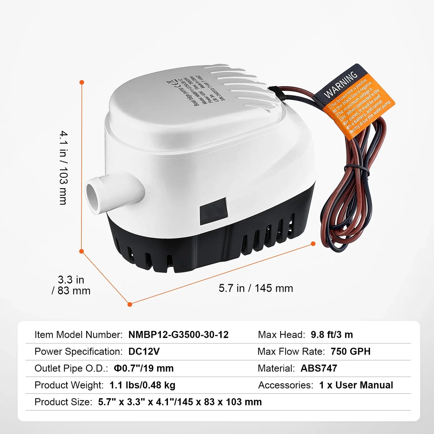 VEVOR Bilge Pump, 750GPH 12V Automatic Submersible Boat Bilge Water Outlet Diameter, Small Boat BilgeMarine Electric Bilge - THE MILE MAKER DRIVER SHOP