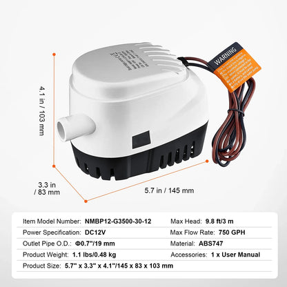VEVOR Bilge Pump, 750GPH 12V Automatic Submersible Boat Bilge Water Outlet Diameter, Small Boat BilgeMarine Electric Bilge - THE MILE MAKER DRIVER SHOP