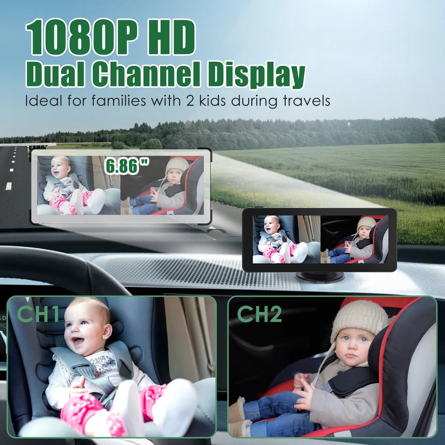 1Pc 1080P Baby Car Camera For 2 Kids Dual Channel Car Baby Monitor Rear Facing Car Seat Camera With 120Degree Wide View 6.86In HD Split Screen Night Vision - THE MILE MAKER DRIVER SHOP