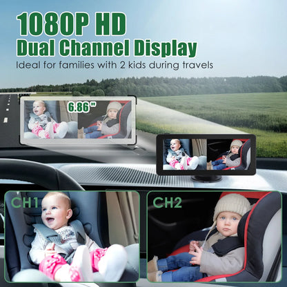 1Pc 1080P Baby Car Camera For 2 Kids Dual Channel Car Baby Monitor Rear Facing Car Seat Camera With 120Degree Wide View 6.86In HD Split Screen Night Vision - THE MILE MAKER DRIVER SHOP