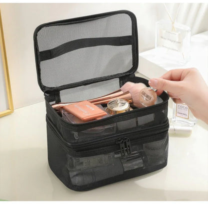 2pcs Double Layer Mesh Yarn Toiletry Bag Portable Travel Cosmetic Storage Bag In Black And Grey For Business Trips Large Capacity Travel Cosmetic Storage Bag - THE MILE MAKER DRIVER SHOP