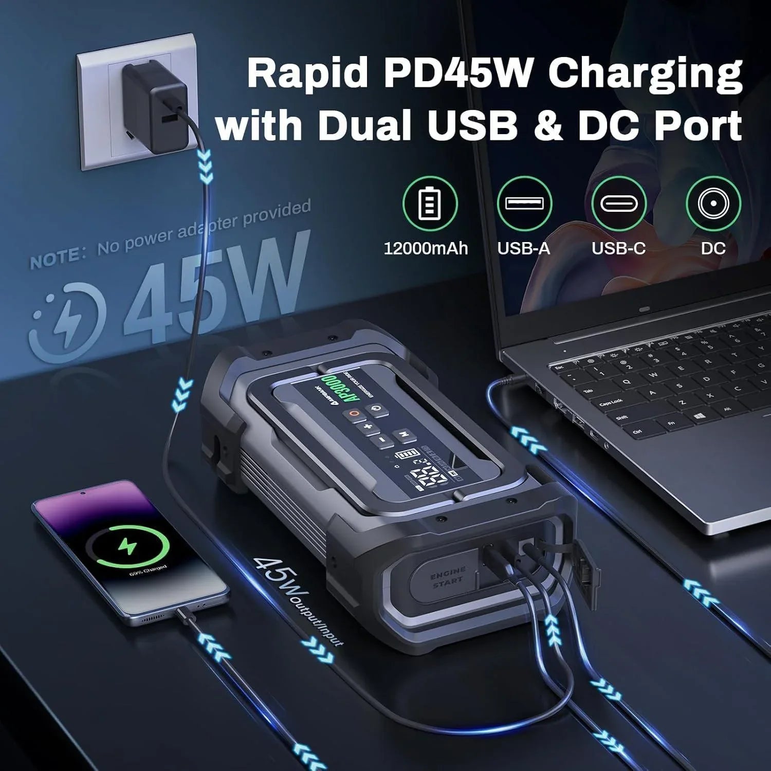 3000A Portable Car Emergency Starter Power Supply With Inflator Function 150PSI Digital Tire Inflator 12V Car Battery Charger With LED Lighting LCD Display - THE MILE MAKER DRIVER SHOP