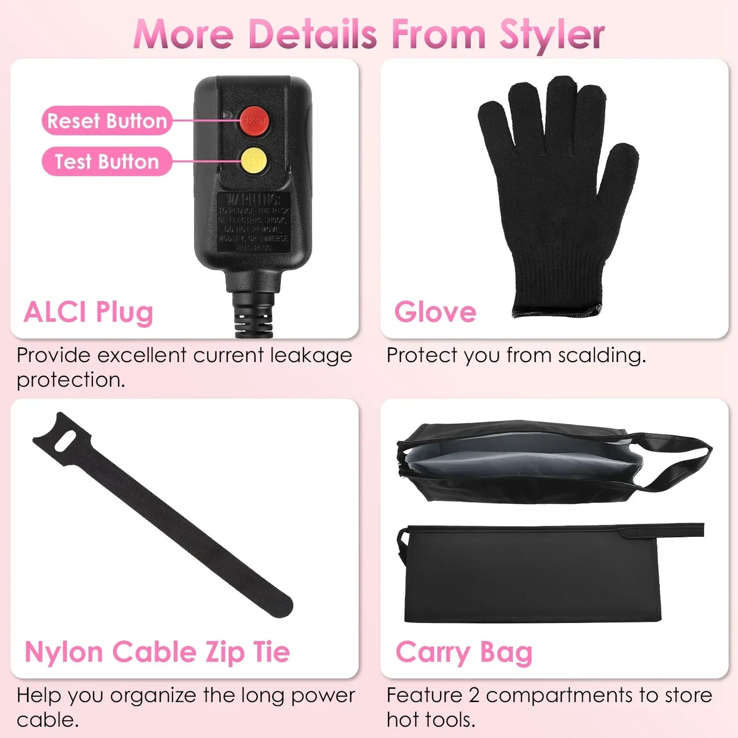 1Pc 6 In 1 Hot Air Styler Volumizer Straightener Curler Dryer Automatic Wrap Styler Hair Dryer Brush Set With 3 Temp Settings ALCI Plug Glove Cable Zip Tie - THE MILE MAKER DRIVER SHOP