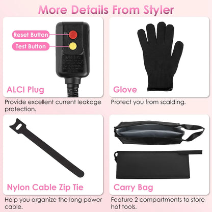 1Pc 6 In 1 Hot Air Styler Volumizer Straightener Curler Dryer Automatic Wrap Styler Hair Dryer Brush Set With 3 Temp Settings ALCI Plug Glove Cable Zip Tie - THE MILE MAKER DRIVER SHOP