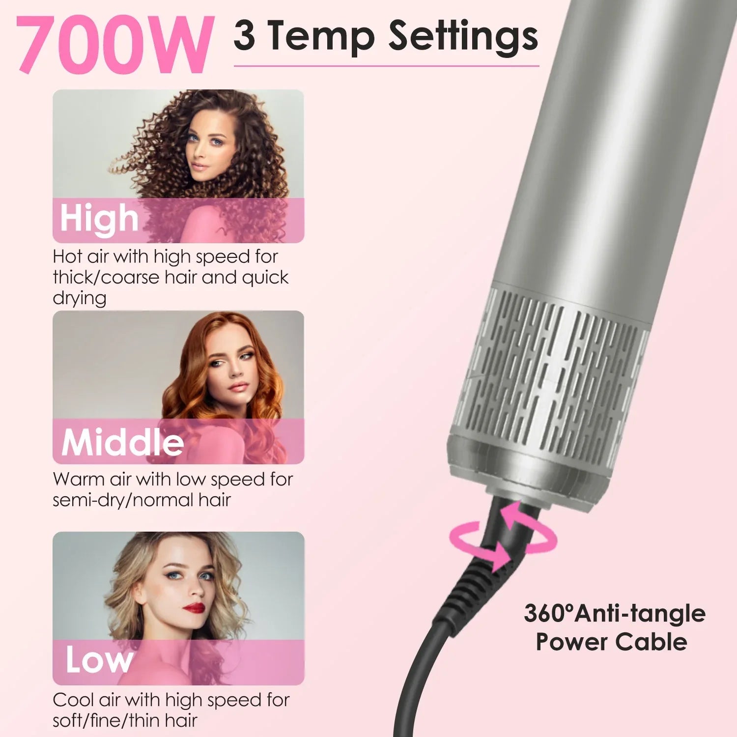 1Pc 6 In 1 Hot Air Styler Volumizer Straightener Curler Dryer Automatic Wrap Styler Hair Dryer Brush Set With 3 Temp Settings ALCI Plug Glove Cable Zip Tie - THE MILE MAKER DRIVER SHOP