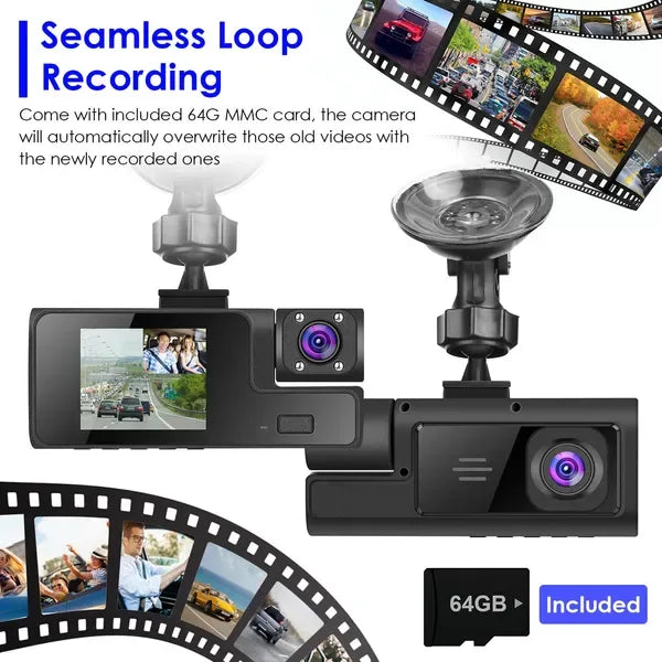 WiFi FHD 1080P Car Dash Cam 3 Channels Front Rear Inside Dash Camera With Loop Recording Reversing Visual 170° Wide Angle 64G Card Included - THE MILE MAKER DRIVER SHOP