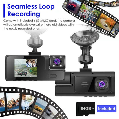 WiFi FHD 1080P Car Dash Cam 3 Channels Front Rear Inside Dash Camera With Loop Recording Reversing Visual 170° Wide Angle 64G Card Included - THE MILE MAKER DRIVER SHOP