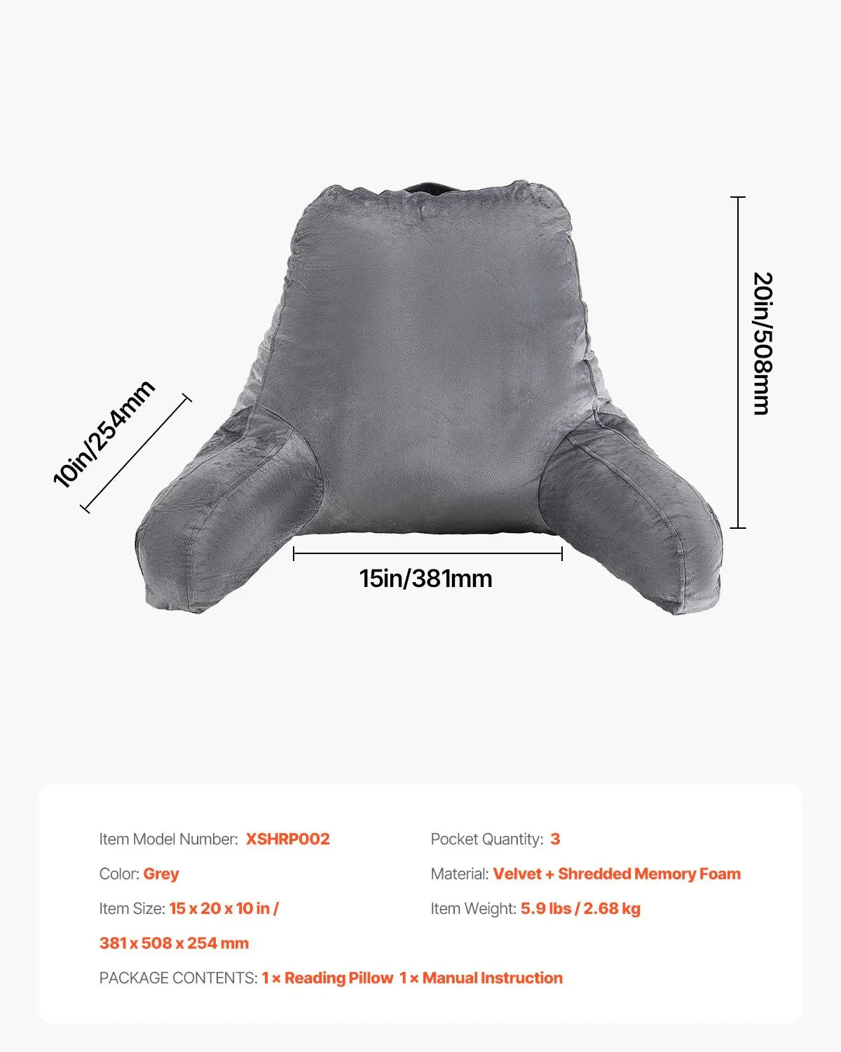 Reading Pillow, Large Size Bed Pillow With Shredded Memory Foam, Back Pillow With 3 Pockets And Washable Short Velvet Cloth, Top With Handle, For Watching TV, Reading, Gaming, Resting, Grey - THE MILE MAKER DRIVER SHOP