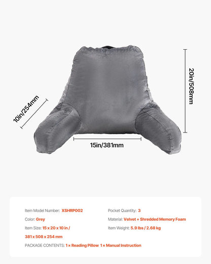 Reading Pillow, Large Size Bed Pillow With Shredded Memory Foam, Back Pillow With 3 Pockets And Washable Short Velvet Cloth, Top With Handle, For Watching TV, Reading, Gaming, Resting, Grey - THE MILE MAKER DRIVER SHOP