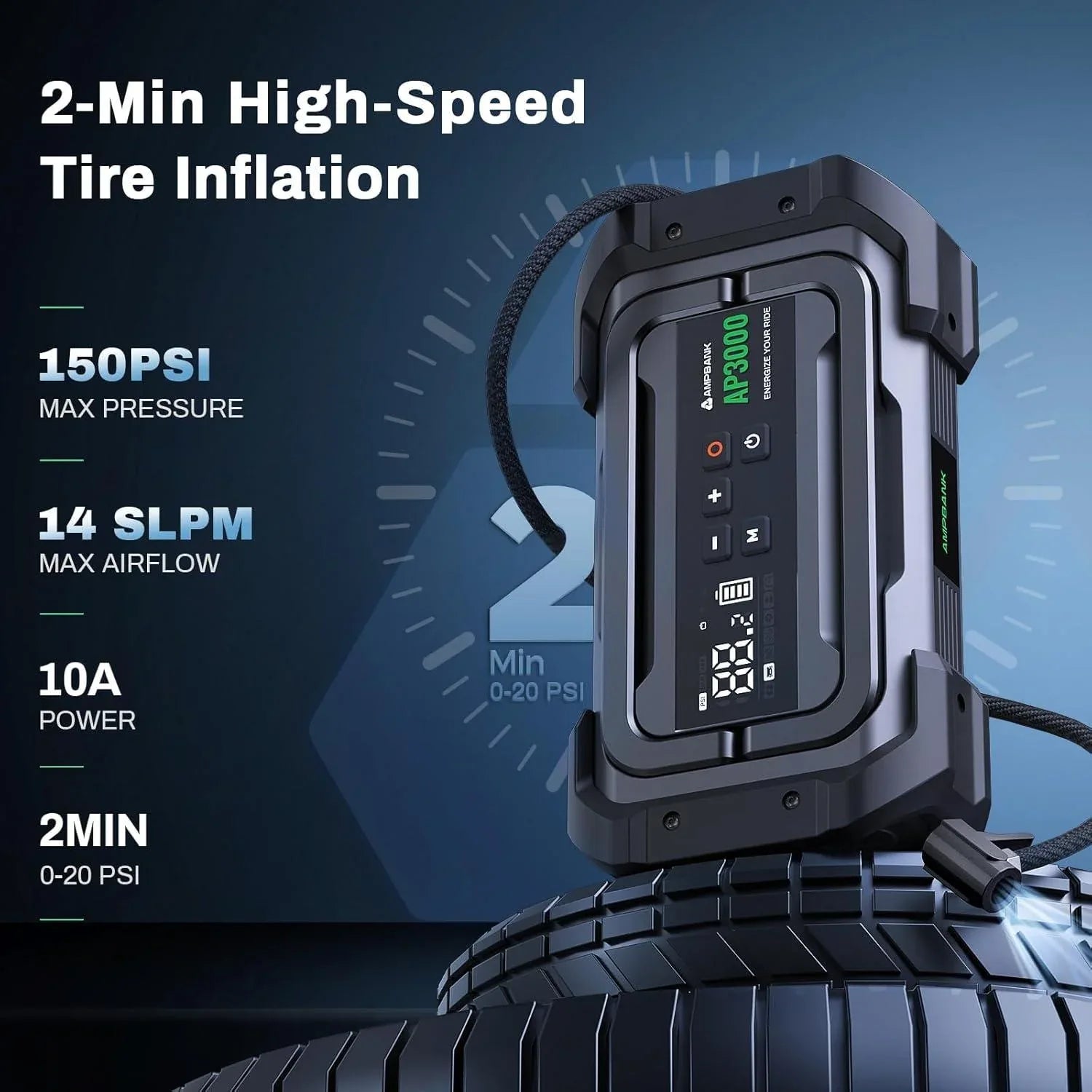 3000A Portable Car Emergency Starter Power Supply With Inflator Function 150PSI Digital Tire Inflator 12V Car Battery Charger With LED Lighting LCD Display - THE MILE MAKER DRIVER SHOP