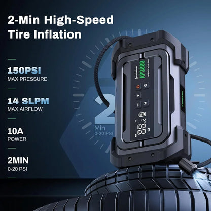 3000A Portable Car Emergency Starter Power Supply With Inflator Function 150PSI Digital Tire Inflator 12V Car Battery Charger With LED Lighting LCD Display - THE MILE MAKER DRIVER SHOP