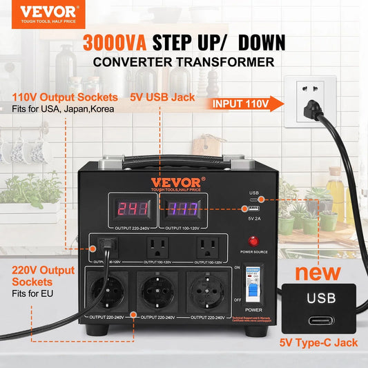 Voltage Converter Transformer, 3000W, Heavy Duty Step Up Down Transformer, Convert From 110 Volt To 220 Volt And From 220 Volt To 110 Volt, With US Outlet EU Outlet 5V USB Port, CE Certified - THE MILE MAKER DRIVER SHOP