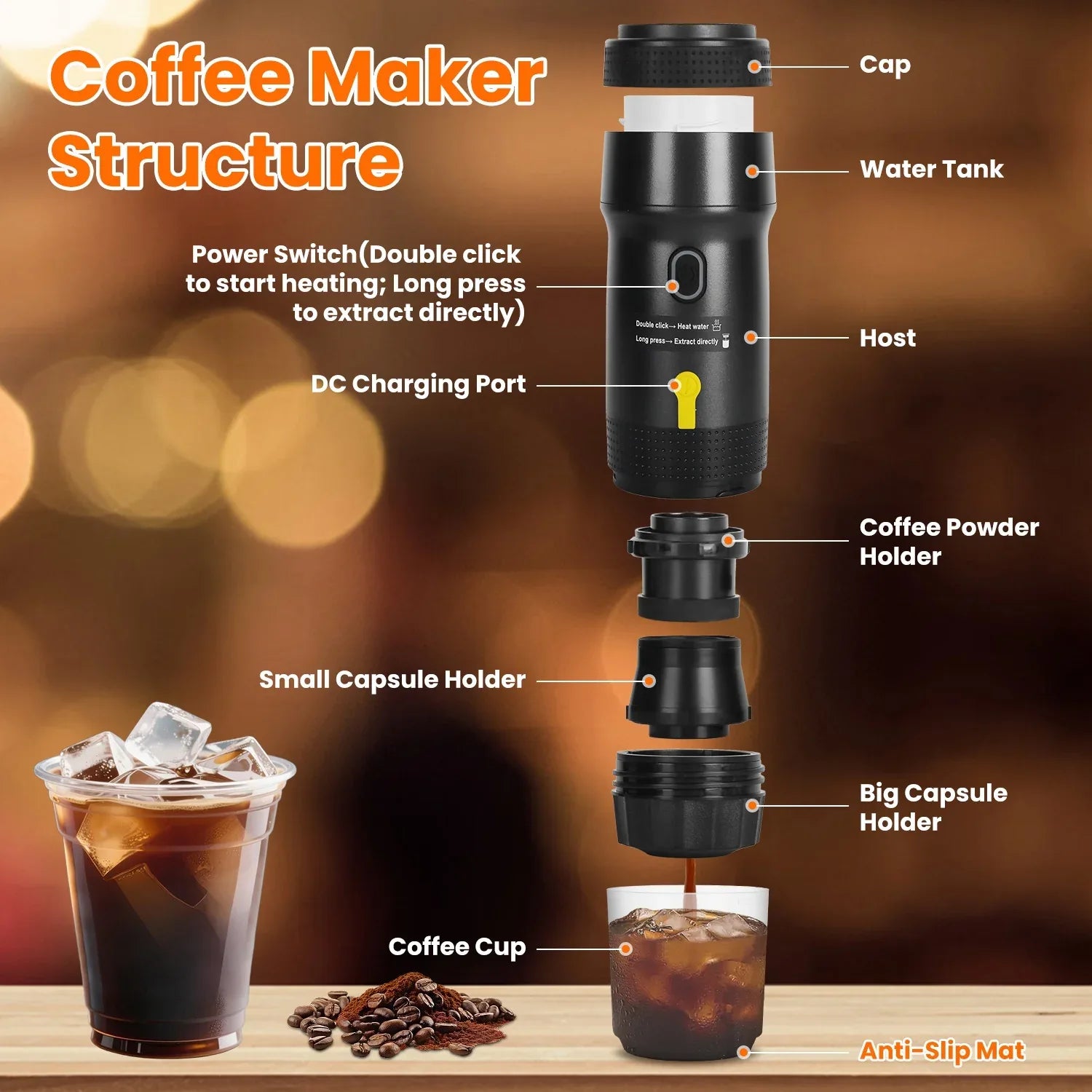 1Pc Portable Electric Espresso Machine Cordless Coffee Maker Self Heating Car Espresso Maker With Anti Dry Burn Fit For Ground Coffee NS DG Capsules For Car Camping Hiking RV Home Office - THE MILE MAKER DRIVER SHOP