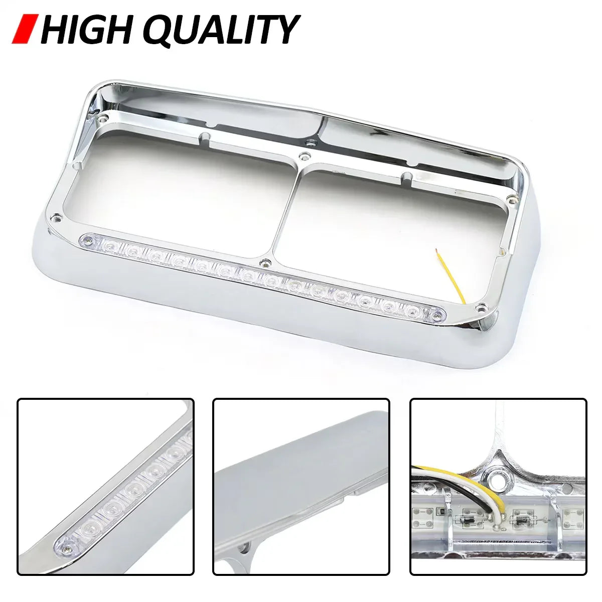 Dual Rectangular 2X For 4x6 Light Headlight Bezel With 12 Amber LED Light Strip For Kenworth T400 T600 T800 W900B W900L Peterbilt 378 379 Western Star 4900 Trucks Clear Lens White LED - THE MILE MAKER DRIVER SHOP