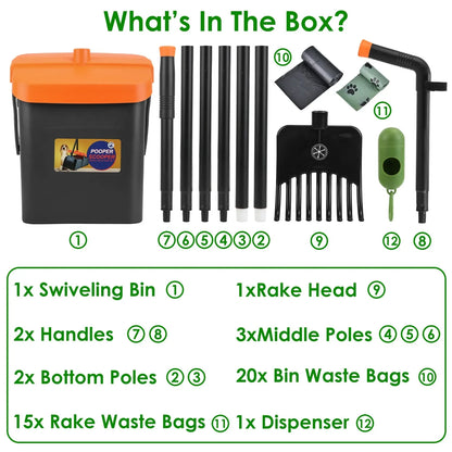 1Set Pooper Scooper Kit Dog Poop Rake & Swiveling Bin Poop Heavy Duty Pick Up Tool With Extra Long Handle 35 Waste Bags Dispenser - THE MILE MAKER DRIVER SHOP