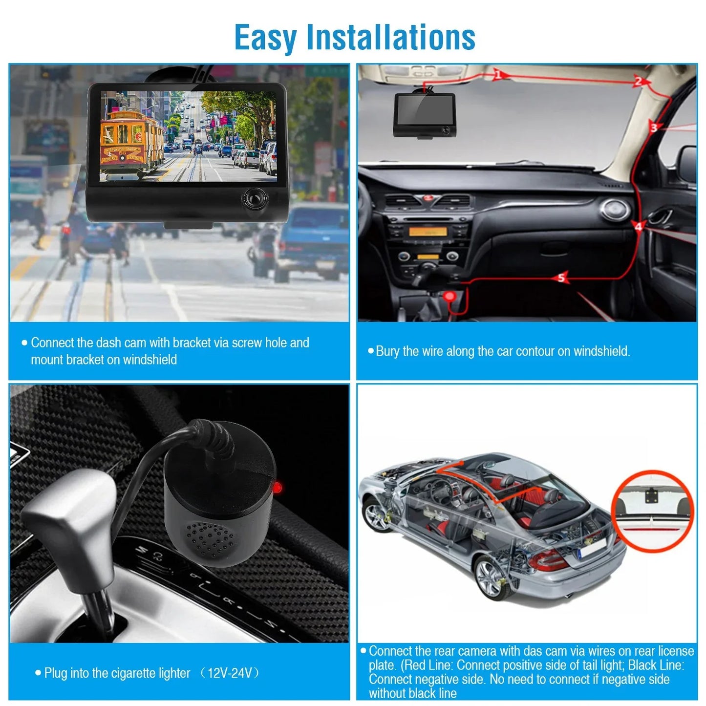 1296P Car DVR Dash Camera 4In 3 Lens Vehicle Driving Recorder Seamless Recording - THE MILE MAKER DRIVER SHOP