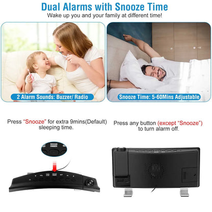 1Pc Projection Alarm Clock With Radio Function Curved Screen LED Digital Alarm Clock With Dual Alarms 4 Dimmer 12-24 Hour USB Charging Port 180Degree Rotatable Projection - THE MILE MAKER DRIVER SHOP