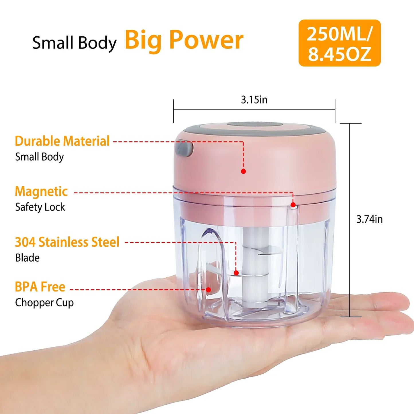 Mini Electric Garlic Chopper 8.45OZ Cordless Garlic Mincer Food Chopper Rechargeable Food Blender Chili Nut Onion Pepper Meat Ginger Food - THE MILE MAKER DRIVER SHOP