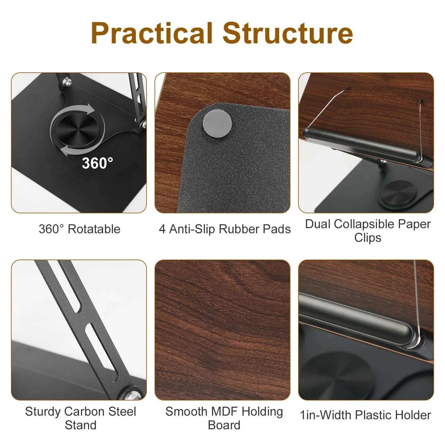 1Pc Book Stand For Reading Foldable Wood Book Holder Reading Rack Paper Stand With Adjustable Height 360 Degree Rotatable Base Dual Paper Clips For Book Sheet Music Laptop Drawing Tablet - THE MILE MAKER DRIVER SHOP