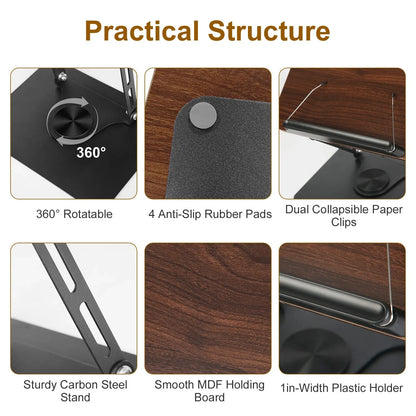 1Pc Book Stand For Reading Foldable Wood Book Holder Reading Rack Paper Stand With Adjustable Height 360 Degree Rotatable Base Dual Paper Clips For Book Sheet Music Laptop Drawing Tablet - THE MILE MAKER DRIVER SHOP