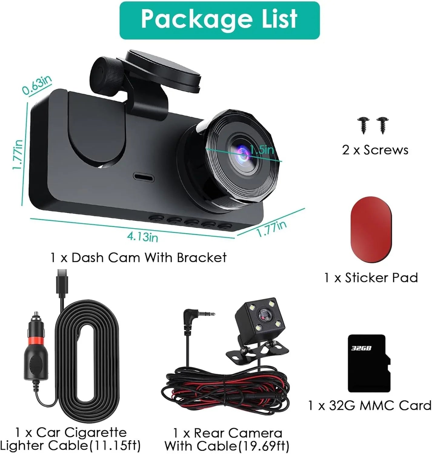 3 Channel Dash Cam, 1080P Dash Cam Front And Rear Inside, Three Way Dash Camera For Cars, Car Camera With 32GB Card, 24H Parking Mode, Loop Recording, Super Night Vision - THE MILE MAKER DRIVER SHOP
