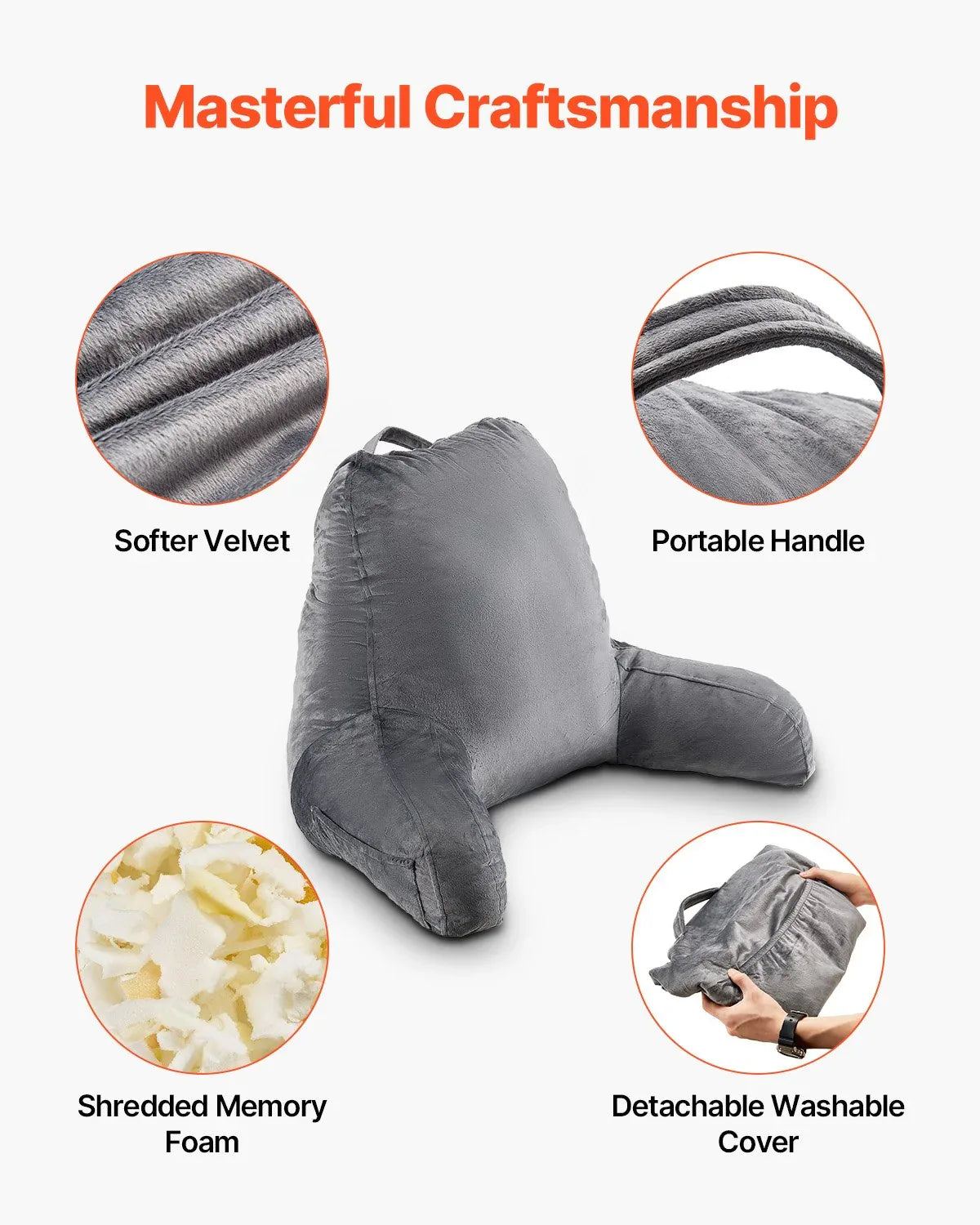 Reading Pillow, Large Size Bed Pillow With Shredded Memory Foam, Back Pillow With 3 Pockets And Washable Short Velvet Cloth, Top With Handle, For Watching TV, Reading, Gaming, Resting, Grey - THE MILE MAKER DRIVER SHOP