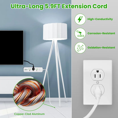 1Pc Power Strip With 6FT Extension Cord 3 AC Outlets And 2 USB A Ports 1 USB C Port 2500W Wall Mount Outlet Extender For Home Office Dorm Travel - THE MILE MAKER DRIVER SHOP