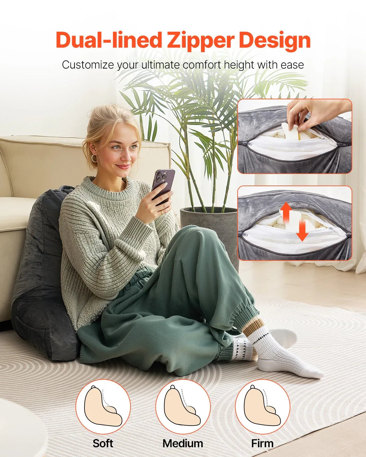 Reading Pillow, Large Size Bed Pillow With Shredded Memory Foam, Back Pillow With 3 Pockets And Washable Short Velvet Cloth, Top With Handle, For Watching TV, Reading, Gaming, Resting, Grey - THE MILE MAKER DRIVER SHOP