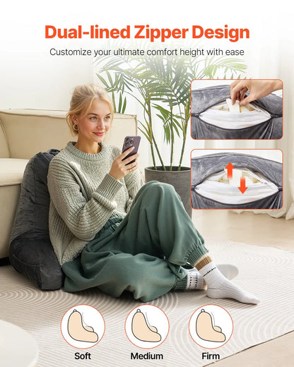 Reading Pillow, Large Size Bed Pillow With Shredded Memory Foam, Back Pillow With 3 Pockets And Washable Short Velvet Cloth, Top With Handle, For Watching TV, Reading, Gaming, Resting, Grey - THE MILE MAKER DRIVER SHOP