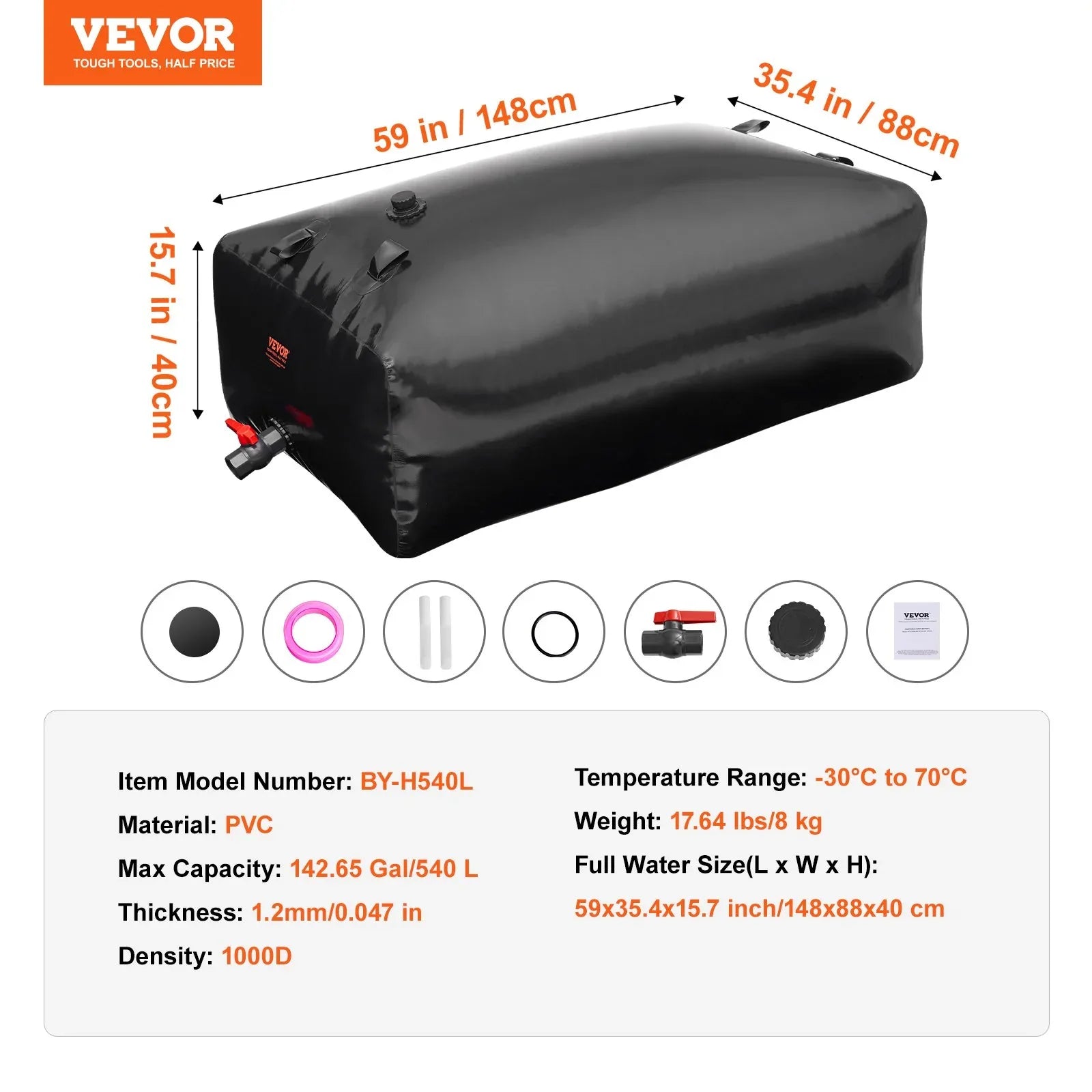 VEVOR Portable Water Storage Bladder 142.7 Gal PVC Collapsible Water Tank Black - THE MILE MAKER DRIVER SHOP