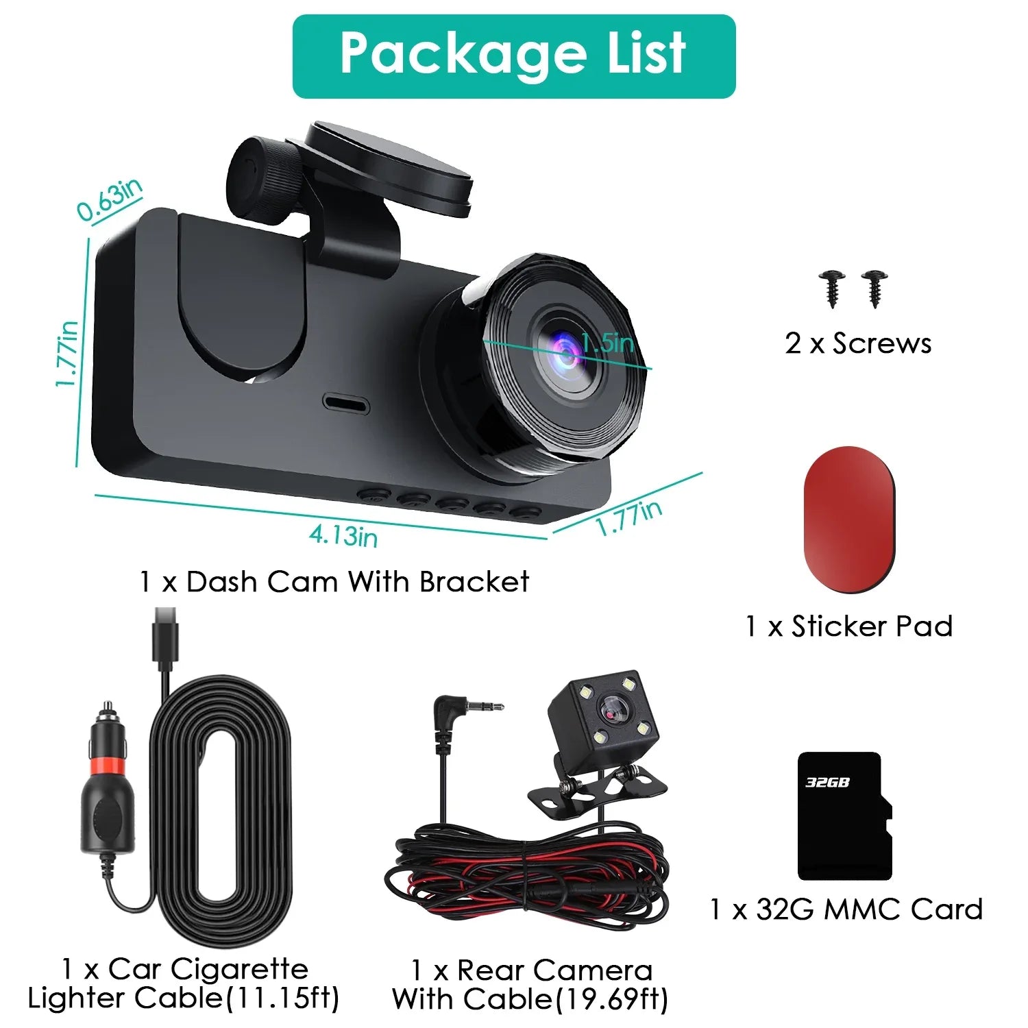 3 Channel Dash Cam Front Inside Rear Vehicle Driving Recorder Car DVR With 32G MMC Card G Sensor Motion Detection Parking Monitor Loop Recording - THE MILE MAKER DRIVER SHOP