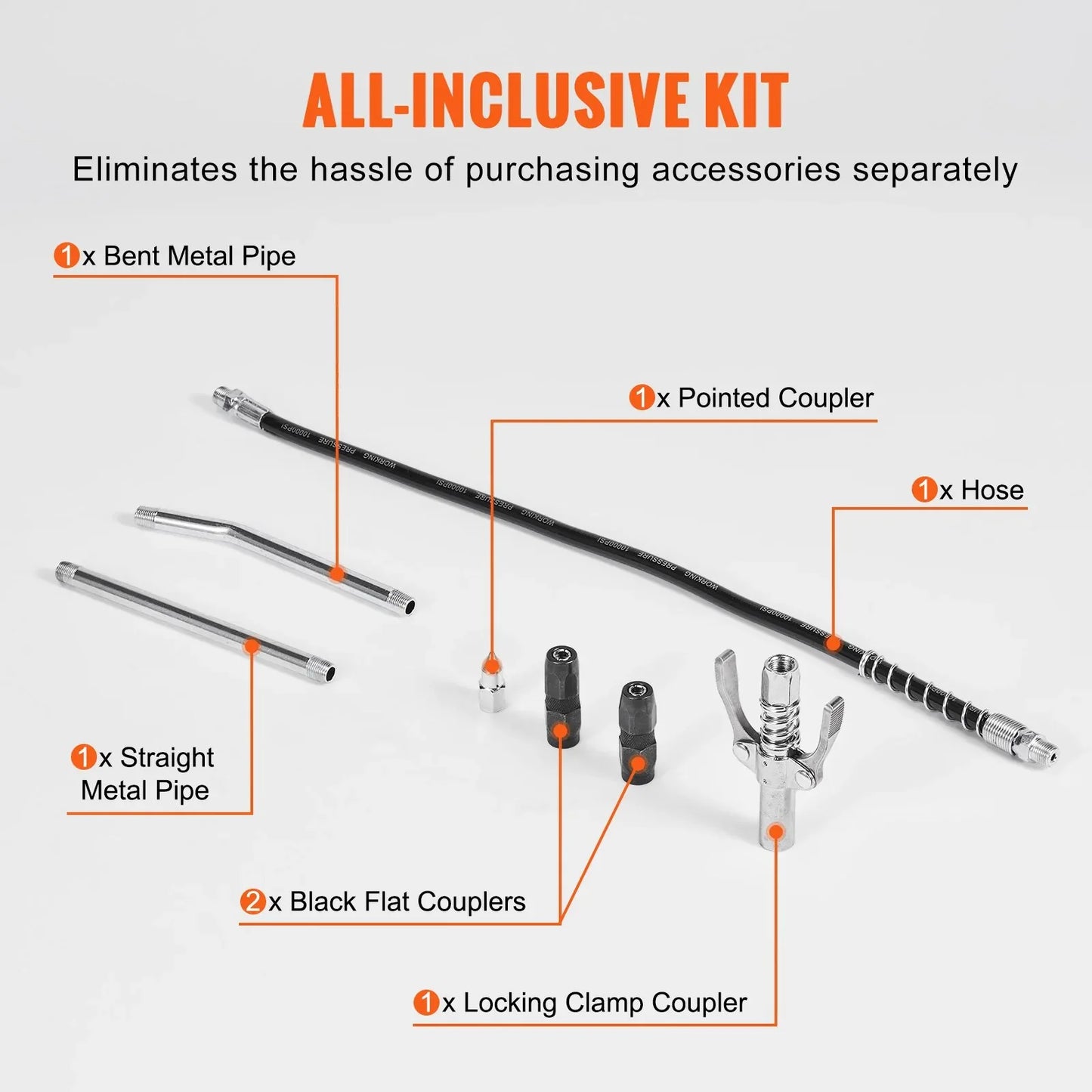 Capacity Heavy Duty Pneumatic Grease Gun, With 18.5 Inch Flexible Hose, 1 Black Flat Coupler Pointed Coupler Bent Metal Pipe Locking Clamp Coupler - THE MILE MAKER DRIVER SHOP