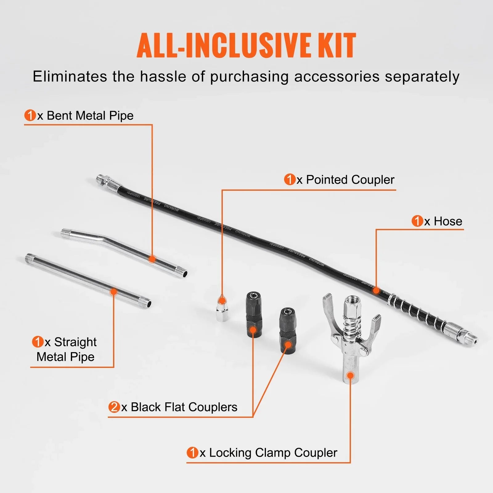 Capacity Heavy Duty Pneumatic Grease Gun, With 18.5 Inch Flexible Hose, 1 Black Flat Coupler Pointed Coupler Bent Metal Pipe Locking Clamp Coupler - THE MILE MAKER DRIVER SHOP