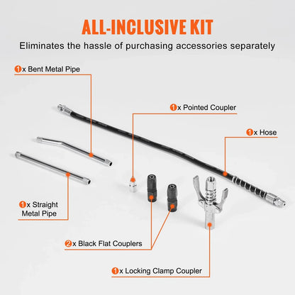 Capacity Heavy Duty Pneumatic Grease Gun, With 18.5 Inch Flexible Hose, 1 Black Flat Coupler Pointed Coupler Bent Metal Pipe Locking Clamp Coupler - THE MILE MAKER DRIVER SHOP