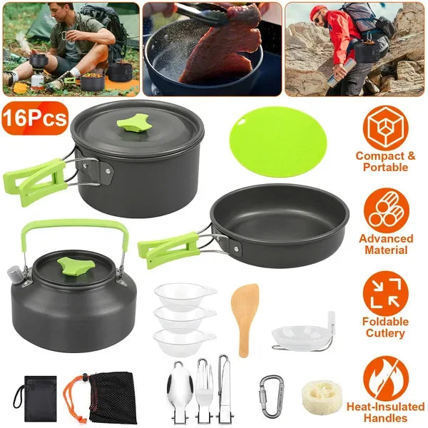 Set Of 16Pcs Camping Cooking Ware Camping Stove Cookware Kit Aluminum Kettle With Bowls Knife Fork Spoon Carabiner Spatula Cutting Board For Hiking Picnic Outdoor - THE MILE MAKER DRIVER SHOP