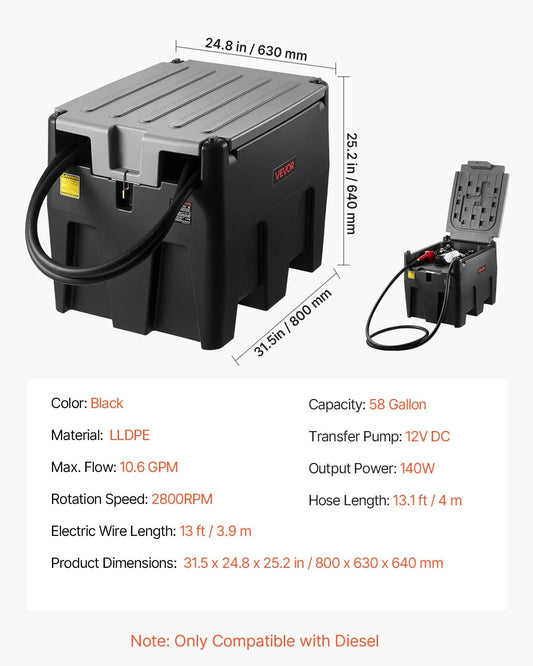 Portable Tank 58 Gal Fuel Tank With 12V Transfer 10 GPM Black - THE MILE MAKER DRIVER SHOP