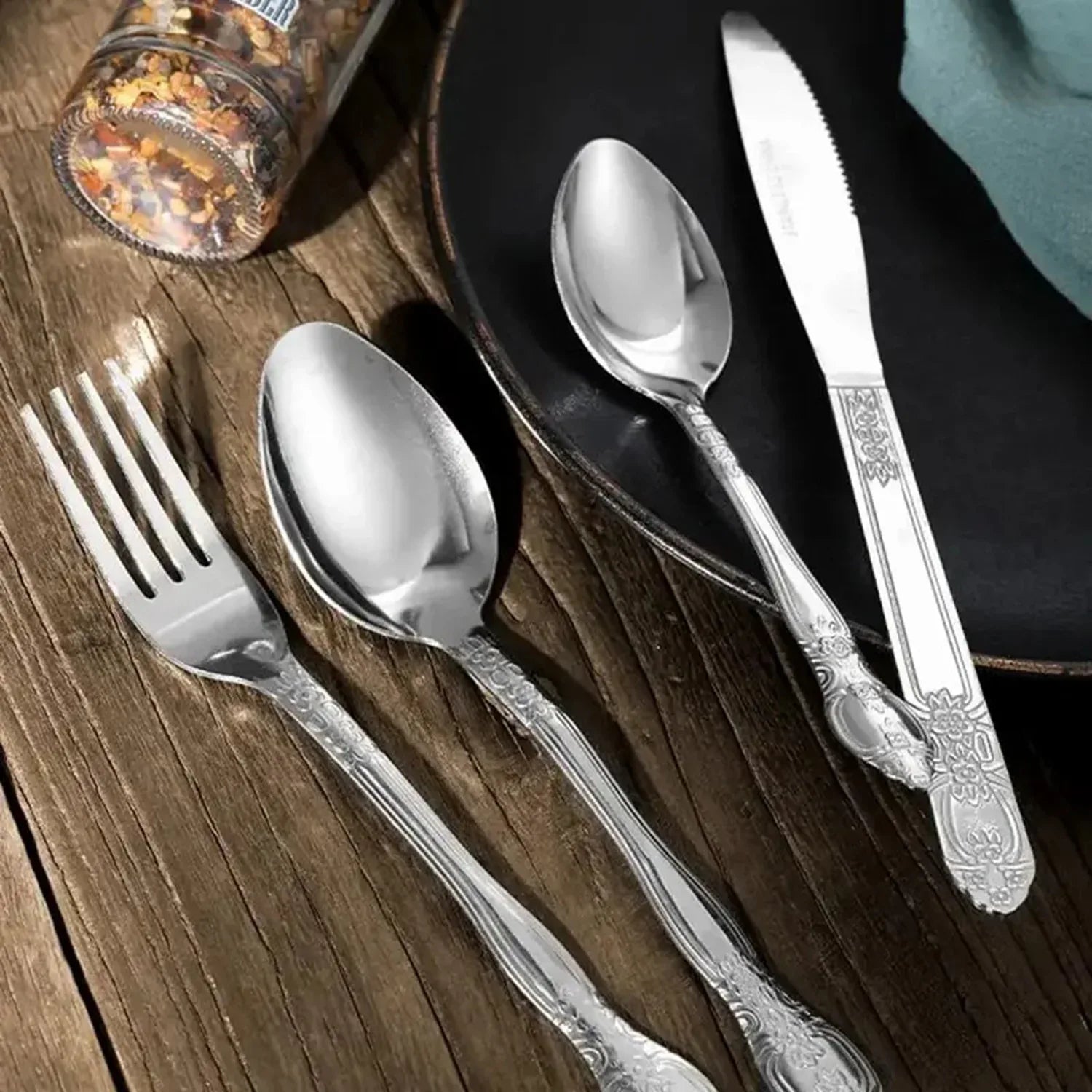 Deluxe Premium Cutlery Flatware Set For The Home - Stainless Steel Cutlery Service With 1 Dinner Fork, 1 Dinner Knife, 1 Dinner Spoon And 1 Tea Spoon - Durable, Elegant And Rust-resista - THE MILE MAKER DRIVER SHOP