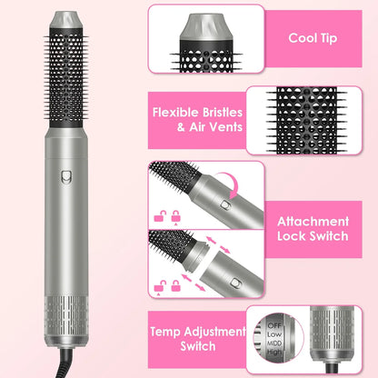 1Pc 6 In 1 Hot Air Styler Volumizer Straightener Curler Dryer Automatic Wrap Styler Hair Dryer Brush Set With 3 Temp Settings ALCI Plug Glove Cable Zip Tie - THE MILE MAKER DRIVER SHOP
