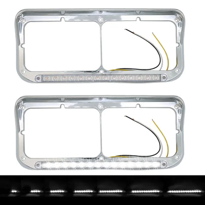 Dual Rectangular 2X For 4x6 Light Headlight Bezel With 12 Amber LED Light Strip For Kenworth T400 T600 T800 W900B W900L Peterbilt 378 379 Western Star 4900 Trucks Clear Lens White LED - THE MILE MAKER DRIVER SHOP