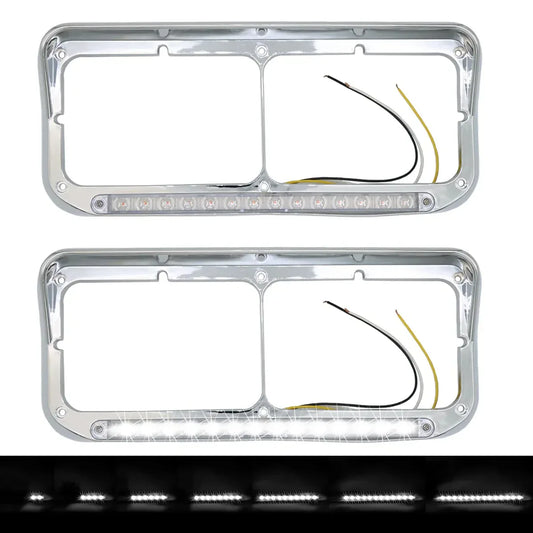 Dual Rectangular 2X For 4x6 Light Headlight Bezel With 12 Amber LED Light Strip For Kenworth T400 T600 T800 W900B W900L Peterbilt 378 379 Western Star 4900 Trucks Clear Lens White LED - THE MILE MAKER DRIVER SHOP