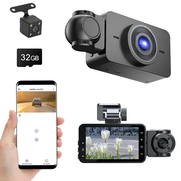 WiFi FHD 1080P 3 Channel Car Dash Cam Front Rear Inside With 32G MMC Card Motion Detection Loop Recording Infrared Night Vision Surveillance Car Camera With App Control - THE MILE MAKER DRIVER SHOP