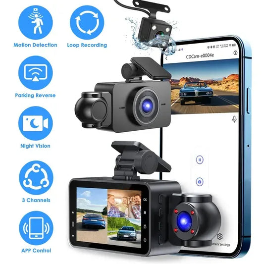 WiFi FHD 1080P 3 Channel Car Dash Cam Front Rear Inside With 32G MMC Card Motion Detection Loop Recording Infrared Night Vision Surveillance Car Camera With App Control - THE MILE MAKER DRIVER SHOP